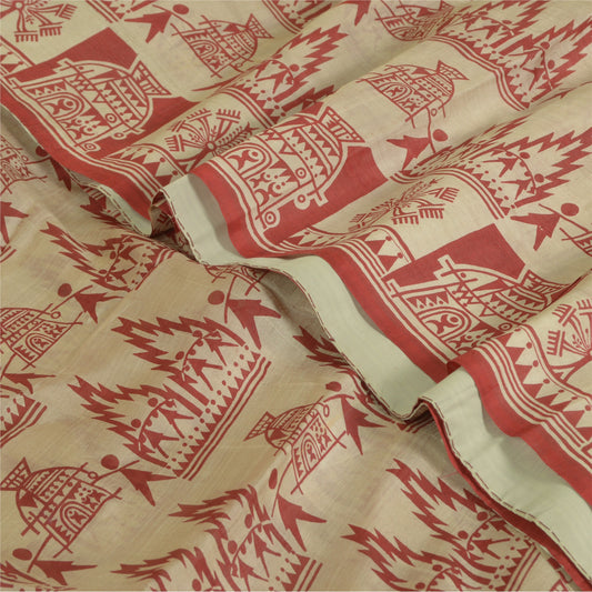 Sanskriti Vintage Sarees Red/Cream Pure Silk Abstract Printed Sari Craft Sustainable Fabric