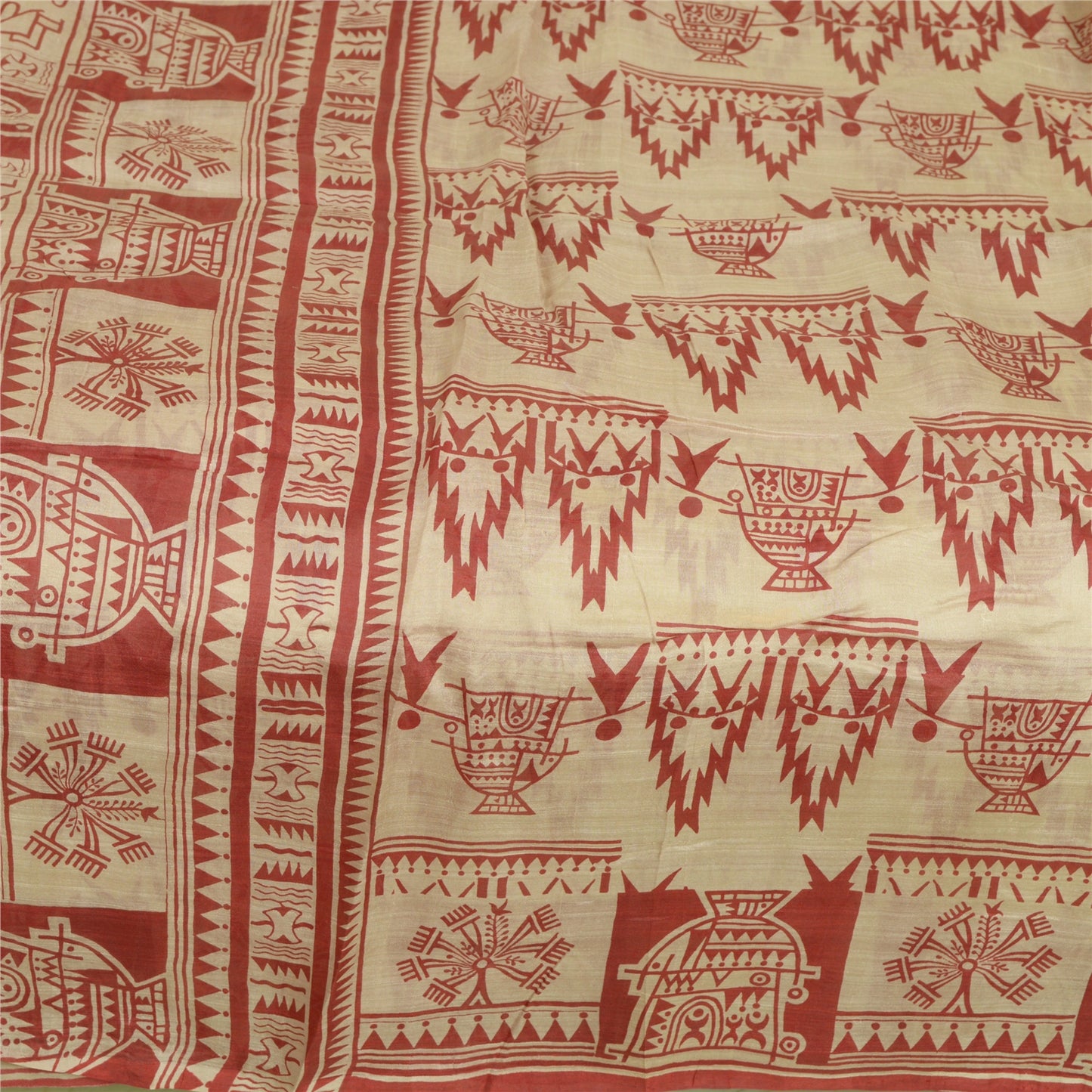 Санскритские винтажные сари красные/кремовые из чистого шелка с абстрактным принтом сари из экологически чистой ткани