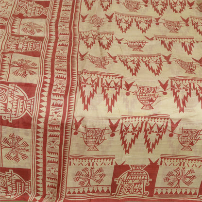 Санскритские винтажные сари красные/кремовые из чистого шелка с абстрактным принтом сари из экологически чистой ткани