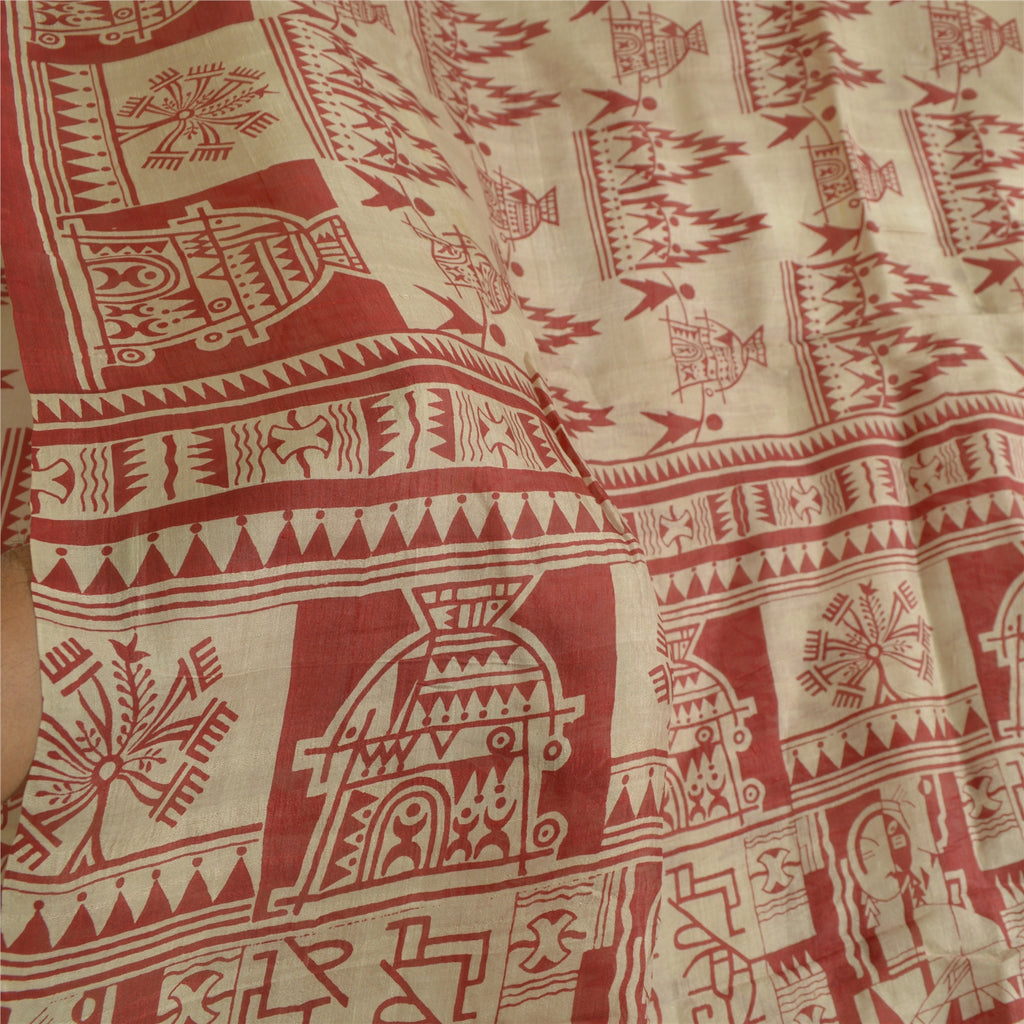 Санскритские винтажные сари красные/кремовые из чистого шелка с абстрактным принтом сари из экологически чистой ткани