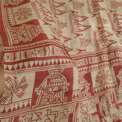Санскритские винтажные сари красные/кремовые из чистого шелка с абстрактным принтом сари из экологически чистой ткани
