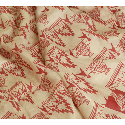 Санскритские винтажные сари красные/кремовые из чистого шелка с абстрактным принтом сари из экологически чистой ткани