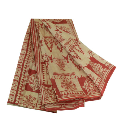 Санскритские винтажные сари красные/кремовые из чистого шелка с абстрактным принтом сари из экологически чистой ткани
