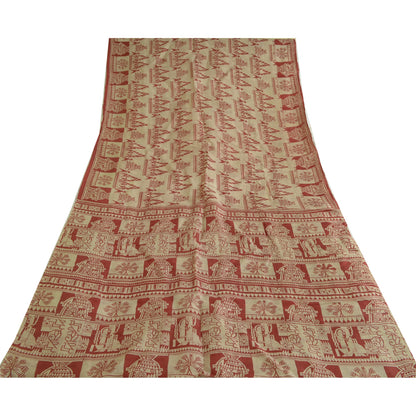 Санскритские винтажные сари красные/кремовые из чистого шелка с абстрактным принтом сари из экологически чистой ткани