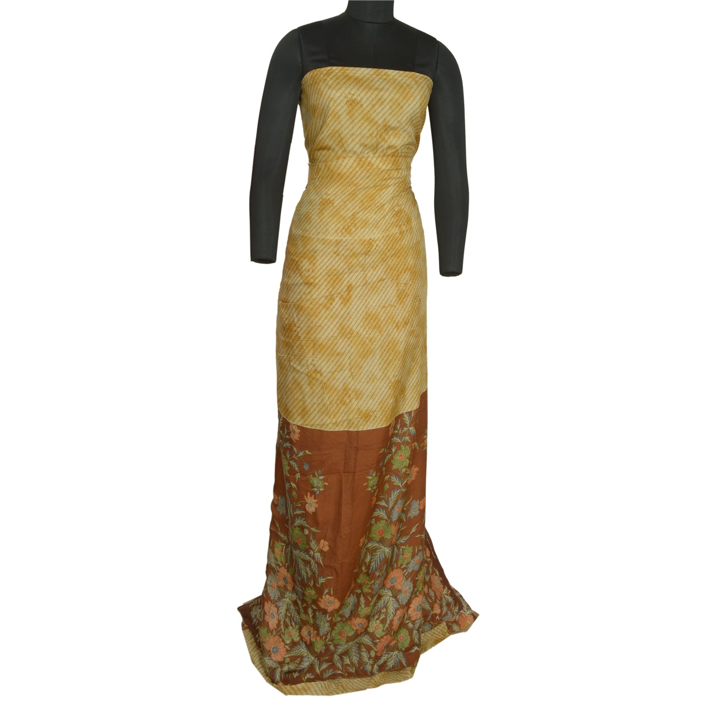 Sanskriti Vintage Sarees Ivory/Brown Pure Silk Printed Sari Floral Craft Sustainable Fabric