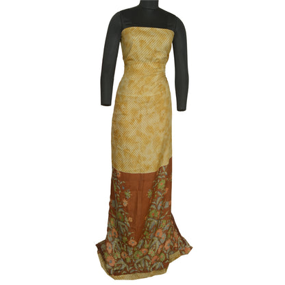 Sanskriti Vintage Sarees Ivory/Brown Pure Silk Printed Sari Floral Craft Sustainable Fabric