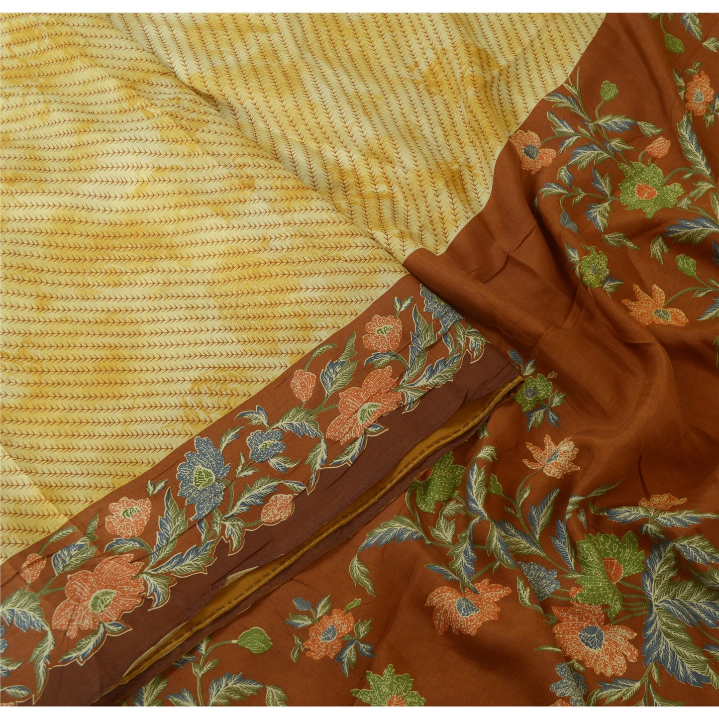 Sanskriti Vintage Sarees Ivory/Brown Pure Silk Printed Sari Floral Craft Sustainable Fabric