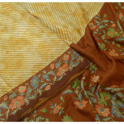 Sanskriti Vintage Sarees Ivory/Brown Pure Silk Printed Sari Floral Craft Sustainable Fabric