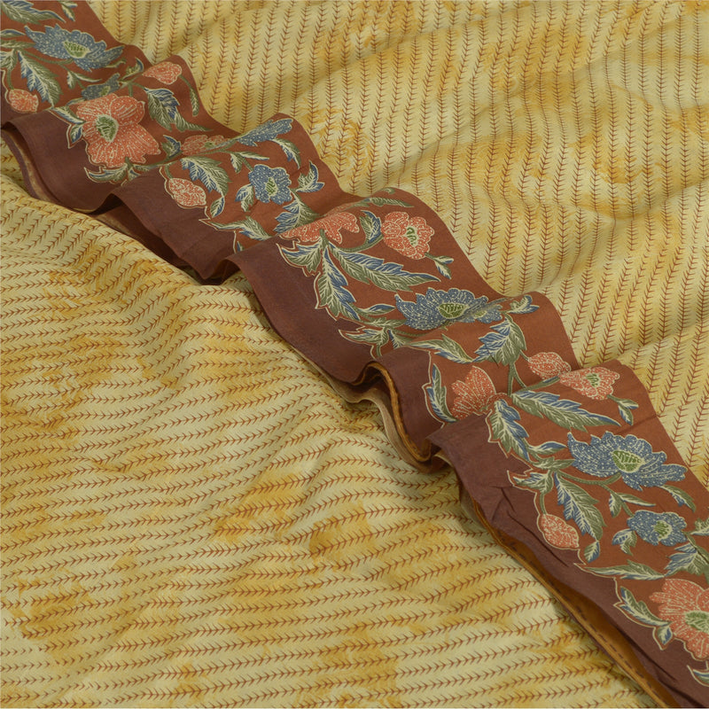 Sanskriti Vintage Sarees Ivory/Brown Pure Silk Printed Sari Floral Craft Sustainable Fabric