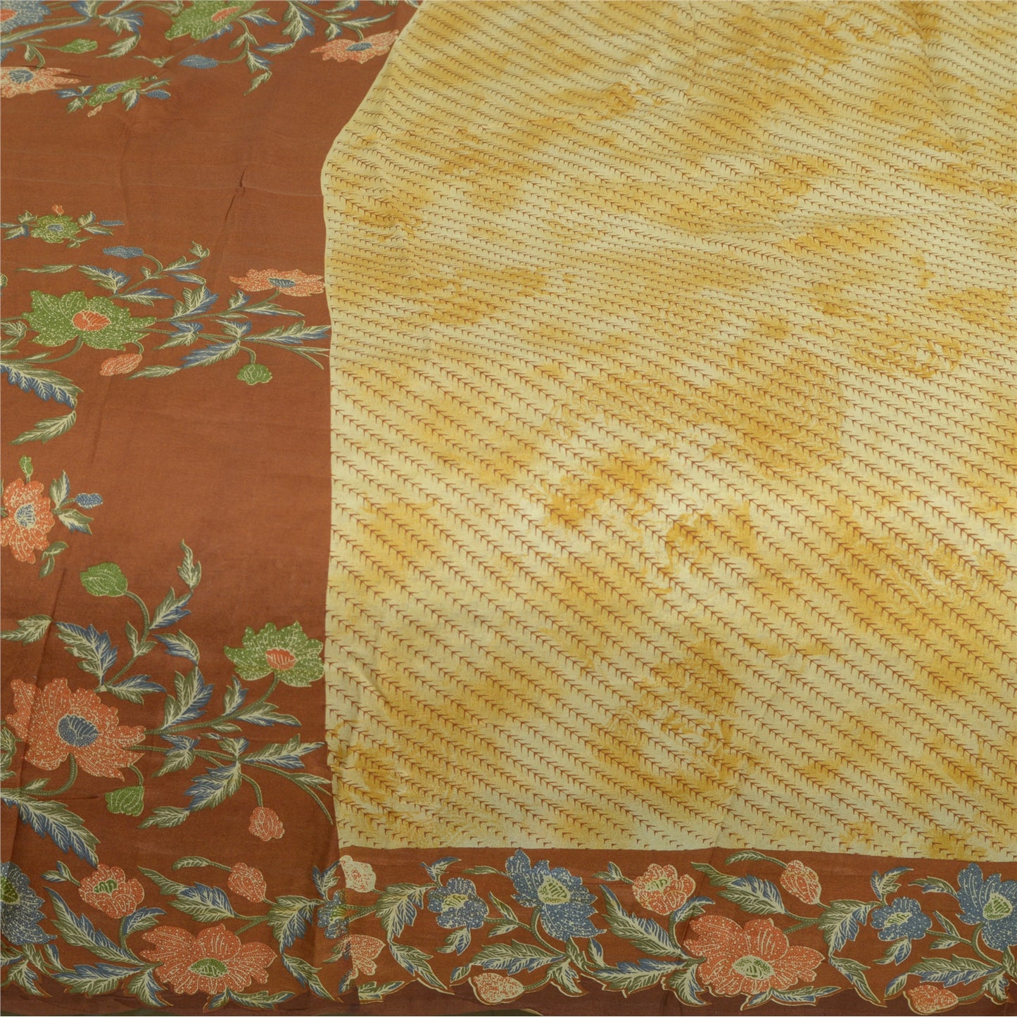 Sanskriti Vintage Sarees Ivory/Brown Pure Silk Printed Sari Floral Craft Sustainable Fabric