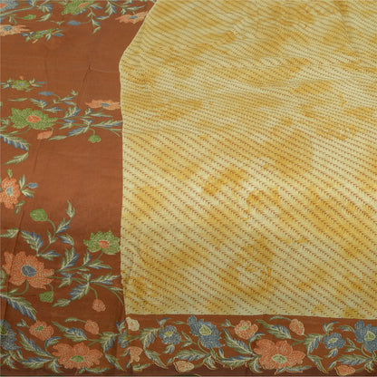 Sanskriti Vintage Sarees Ivory/Brown Pure Silk Printed Sari Floral Craft Sustainable Fabric