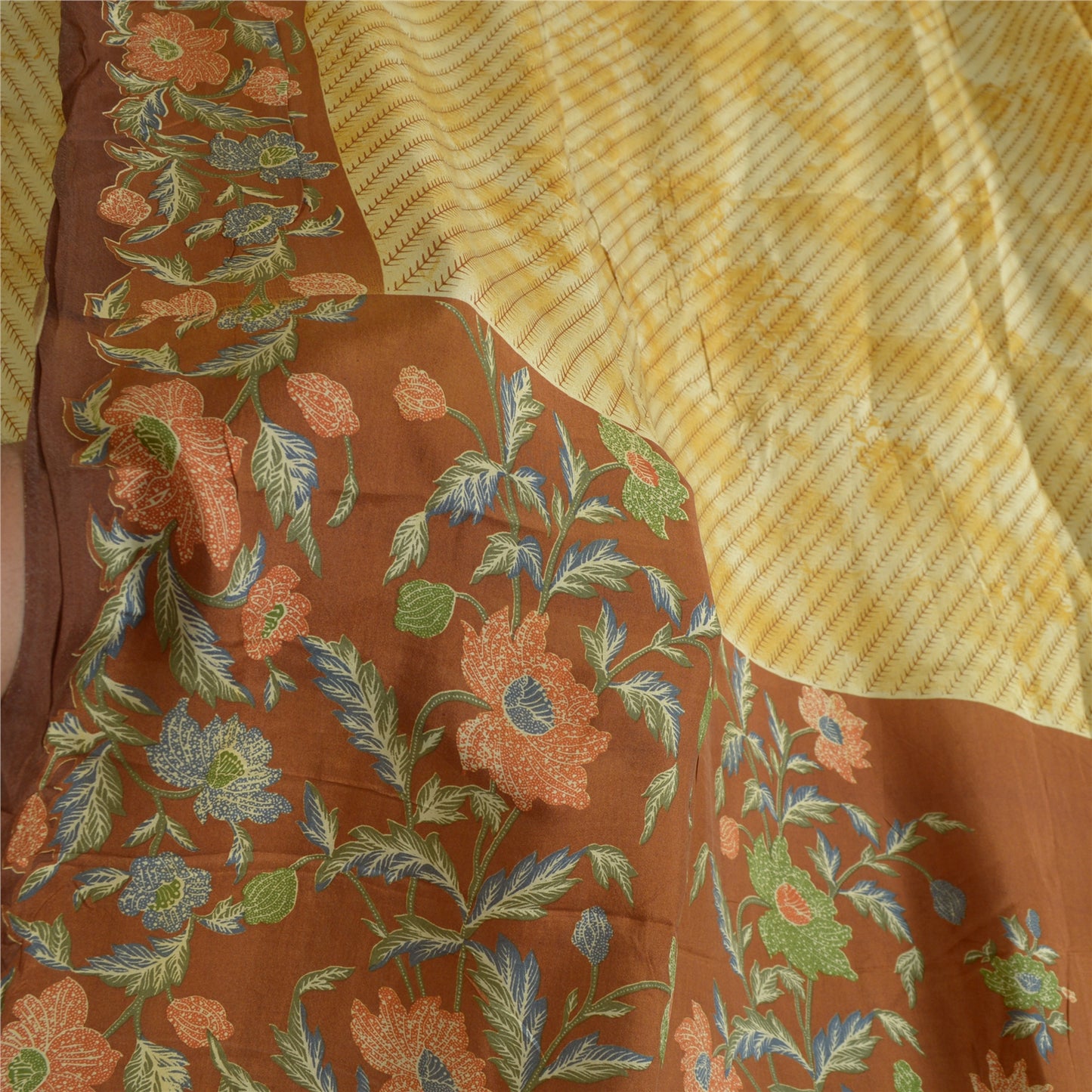 Sanskriti Vintage Sarees Ivory/Brown Pure Silk Printed Sari Floral Craft Sustainable Fabric