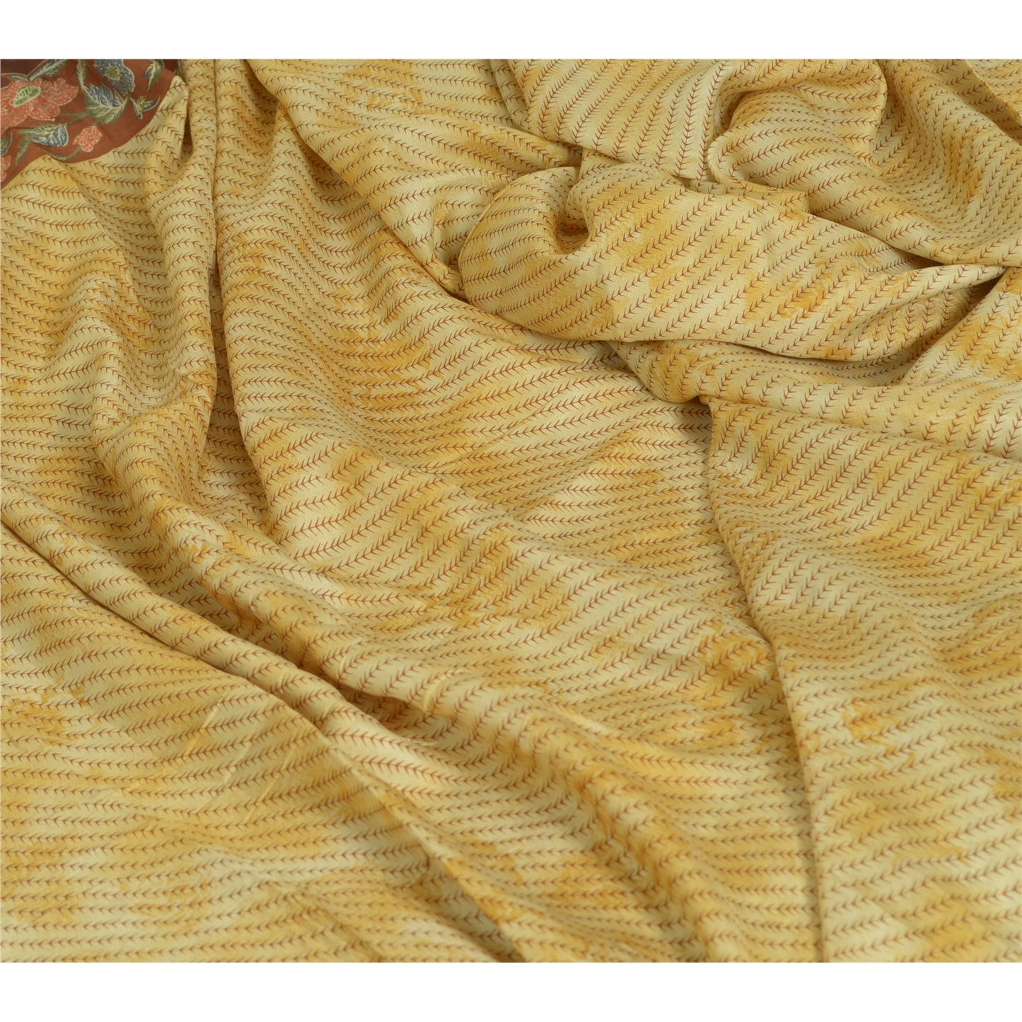 Sanskriti Vintage Sarees Ivory/Brown Pure Silk Printed Sari Floral Craft Sustainable Fabric