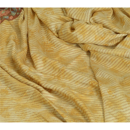 Sanskriti Vintage Sarees Ivory/Brown Pure Silk Printed Sari Floral Craft Sustainable Fabric