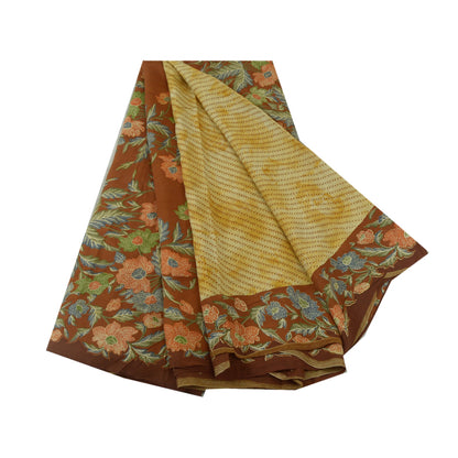 Sanskriti Vintage Sarees Ivory/Brown Pure Silk Printed Sari Floral Craft Sustainable Fabric