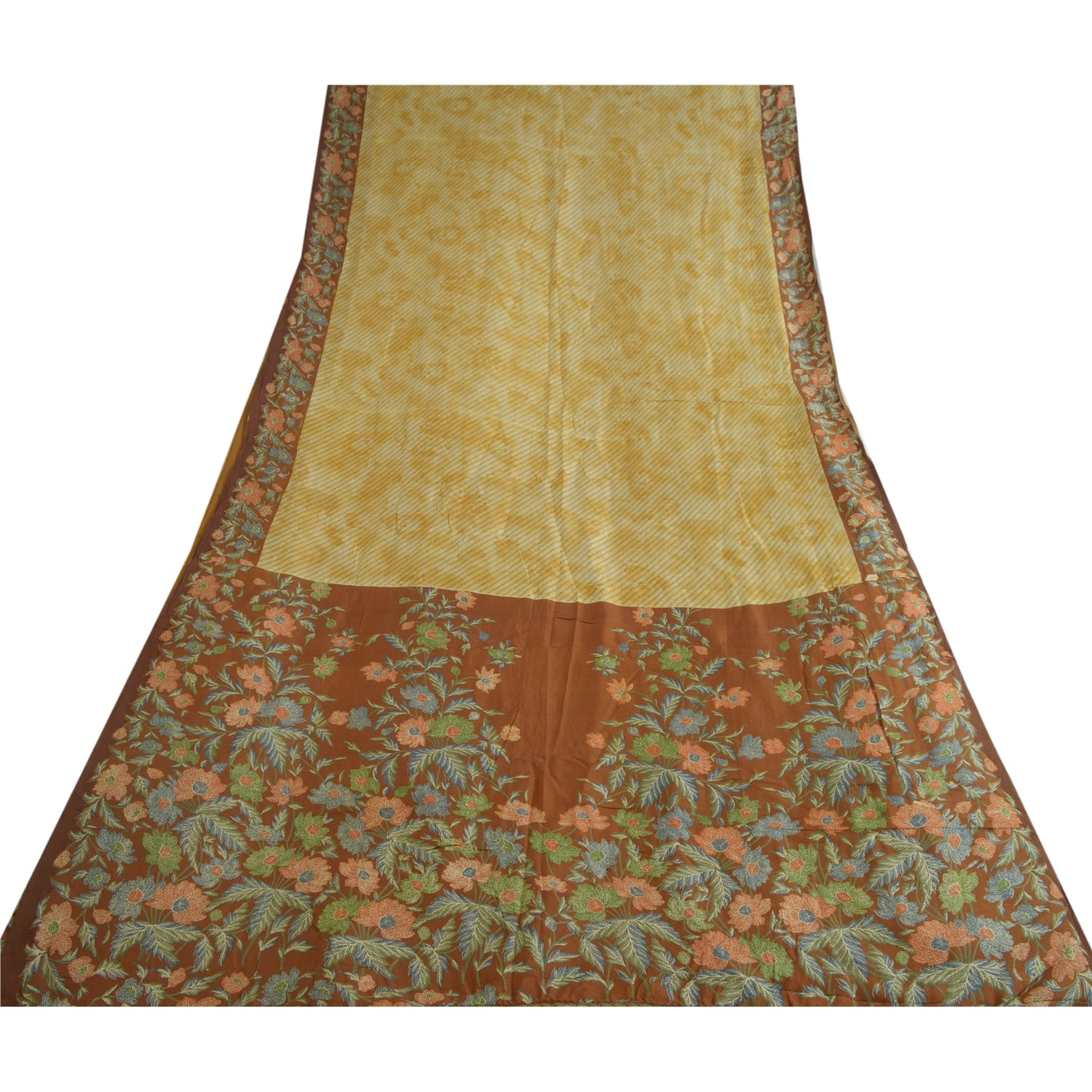 Sanskriti Vintage Sarees Ivory/Brown Pure Silk Printed Sari Floral Craft Sustainable Fabric