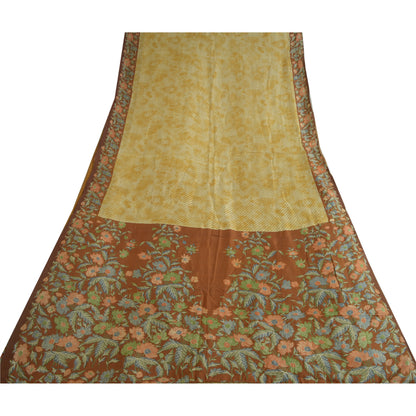Sanskriti Vintage Sarees Ivory/Brown Pure Silk Printed Sari Floral Craft Sustainable Fabric