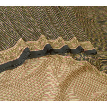 Sanskriti Vintage Sarees Green/Black Printed 100% Pure Silk Sari Craft Sustainable Fabric