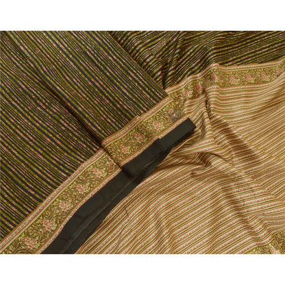 Sanskriti Vintage Sarees Green/Black Printed 100% Pure Silk Sari Craft Sustainable Fabric