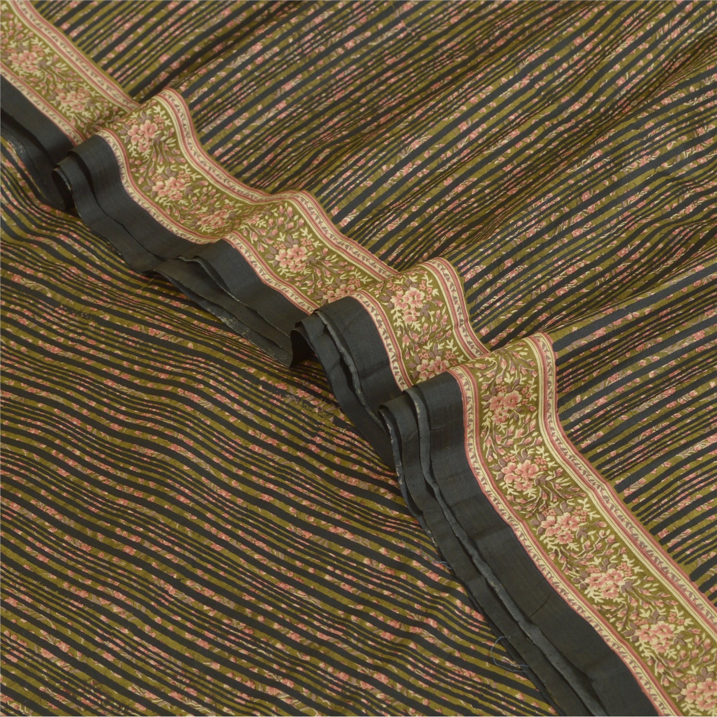 Sanskriti Vintage Sarees Green/Black Printed 100% Pure Silk Sari Craft Sustainable Fabric