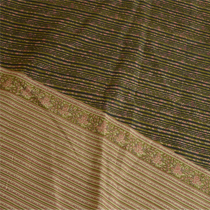Sanskriti Vintage Sarees Green/Black Printed 100% Pure Silk Sari Craft Sustainable Fabric