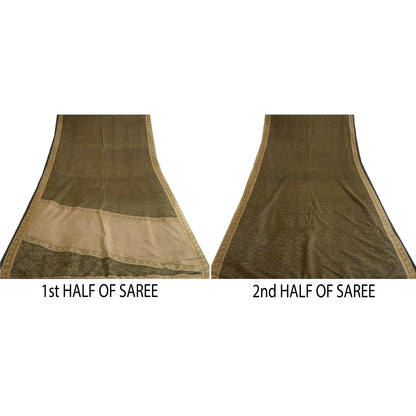 Sanskriti Vintage Sarees Green/Black Printed 100% Pure Silk Sari Craft Sustainable Fabric