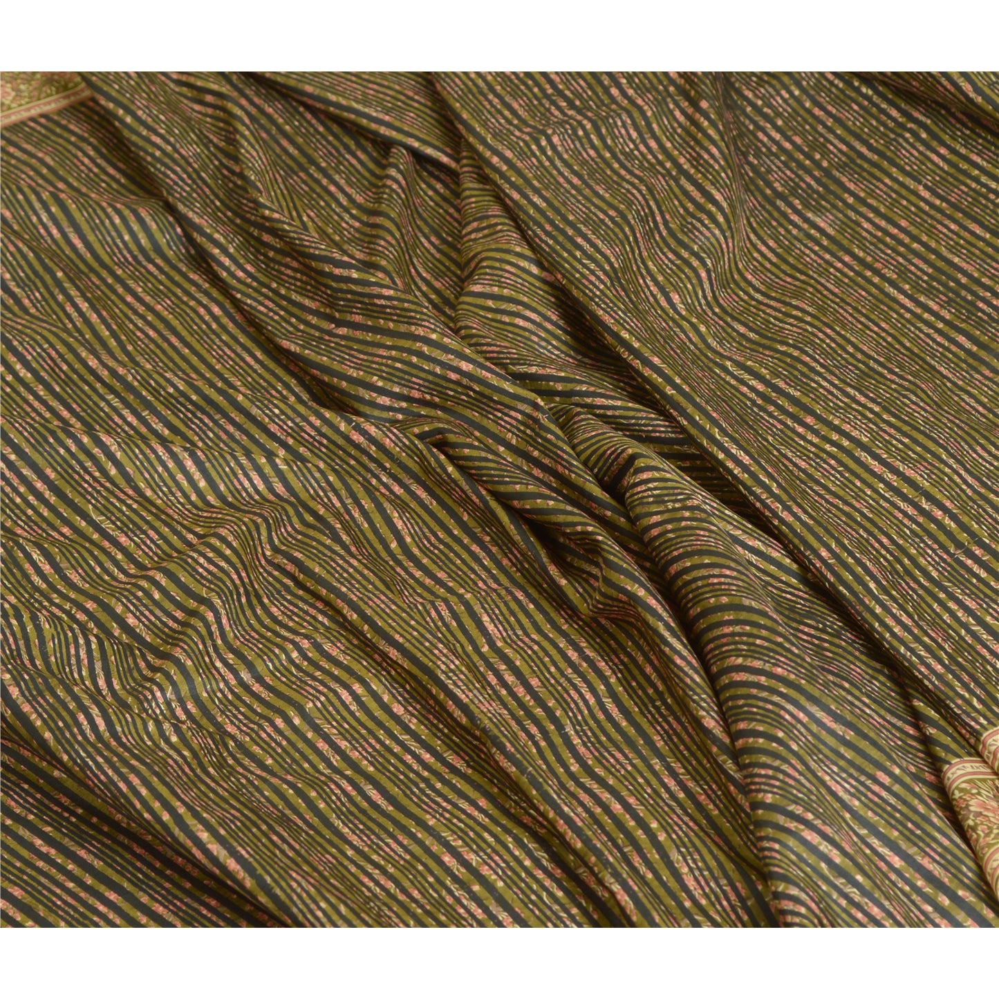 Sanskriti Vintage Sarees Green/Black Printed 100% Pure Silk Sari Craft Sustainable Fabric
