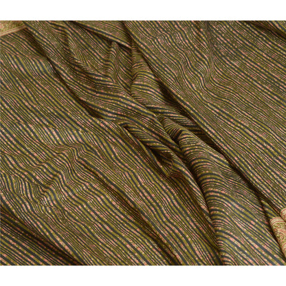Sanskriti Vintage Sarees Green/Black Printed 100% Pure Silk Sari Craft Sustainable Fabric