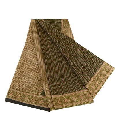 Sanskriti Vintage Sarees Green/Black Printed 100% Pure Silk Sari Craft Sustainable Fabric