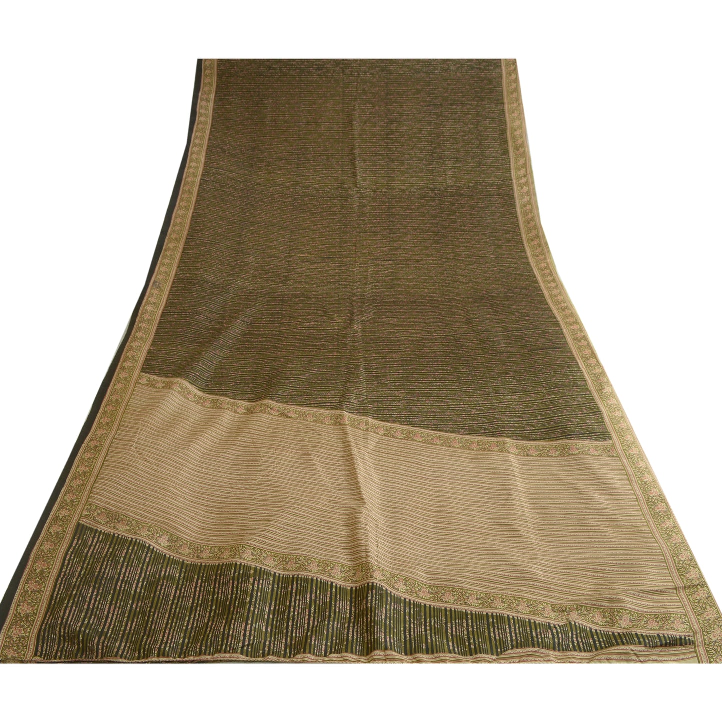 Sanskriti Vintage Sarees Green/Black Printed 100% Pure Silk Sari Craft Sustainable Fabric