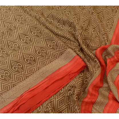 Sanskriti Vintage Sarees Brown 100% Pure Silk Printed Sari 5yd Soft Craft Sustainable Fabric