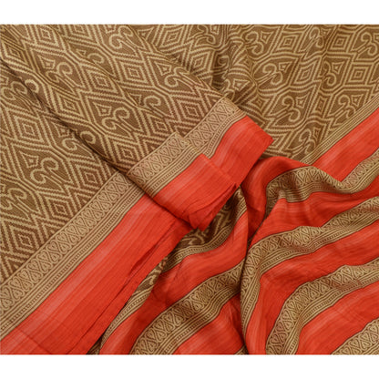 Sanskriti Vintage Sarees Brown 100% Pure Silk Printed Sari 5yd Soft Craft Sustainable Fabric