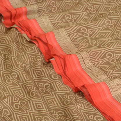Sanskriti Vintage Sarees Brown 100% Pure Silk Printed Sari 5yd Soft Craft Sustainable Fabric