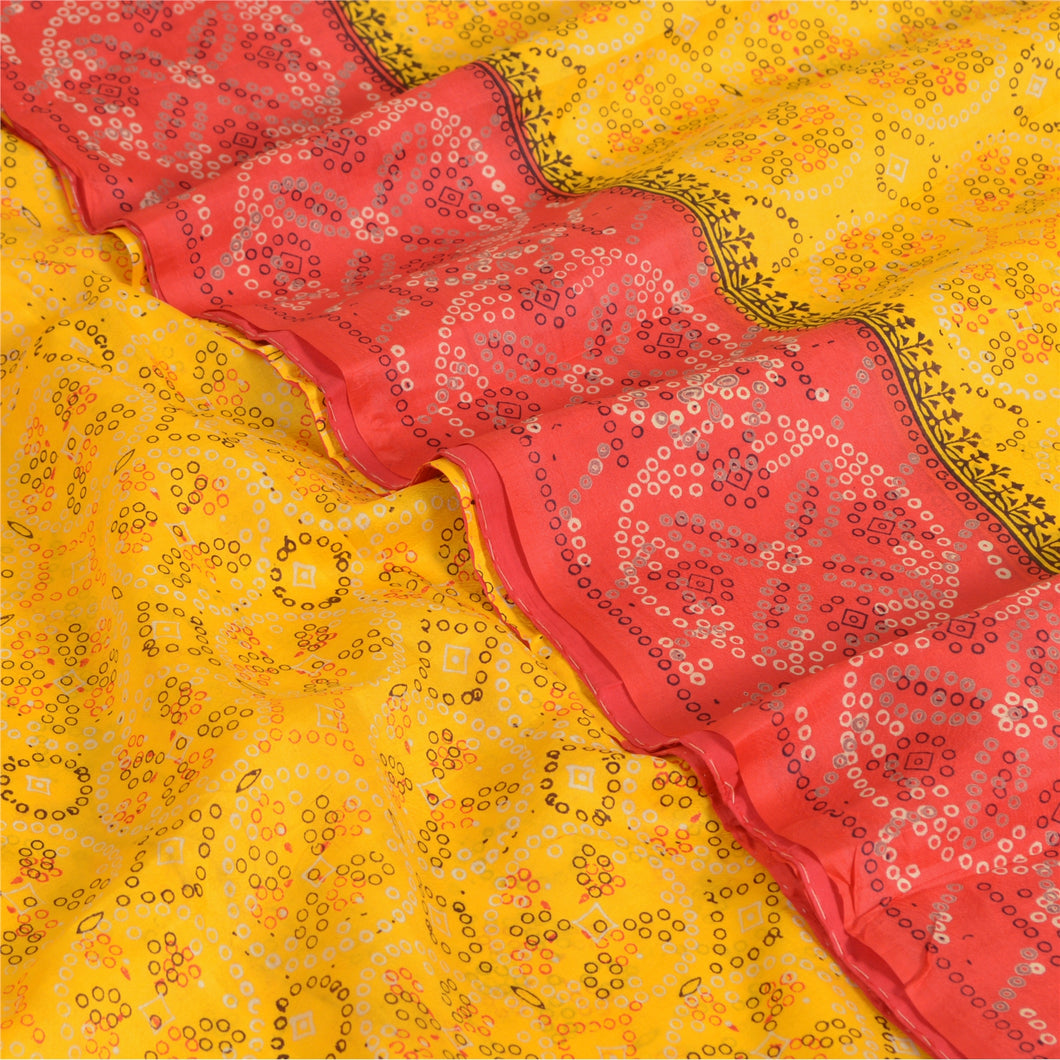 Sanskriti Vintage Sarees Yellow/Red Bandhani Printed Pure Silk Sari Craft Fabric