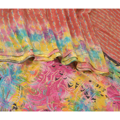 Sanskriti Vintage Sarees Red 100% Pure Silk Printed Woven Sari 5yd Craft Sustainable Fabric