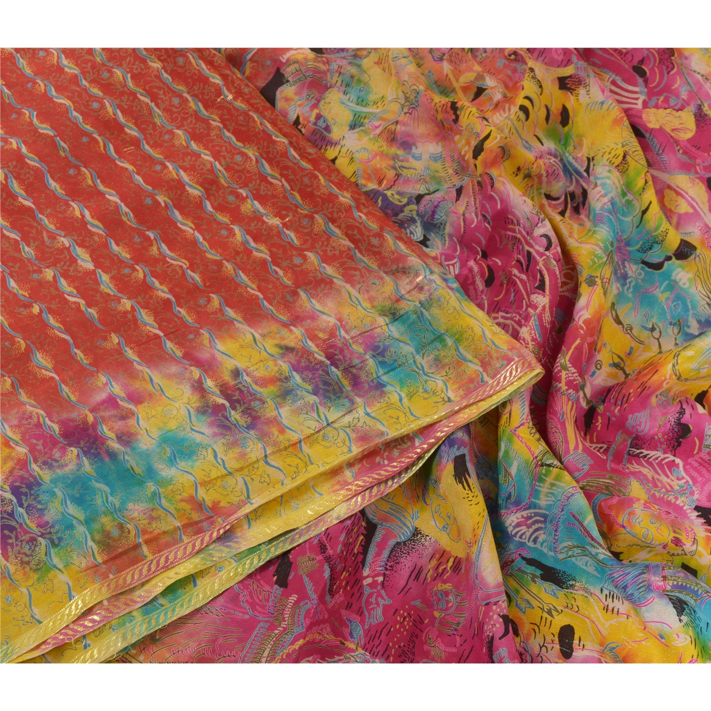 Sanskriti Vintage Sarees Red 100% Pure Silk Printed Woven Sari 5yd Craft Sustainable Fabric