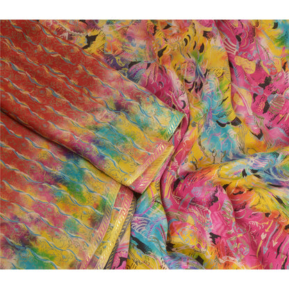 Sanskriti Vintage Sarees Red 100% Pure Silk Printed Woven Sari 5yd Craft Sustainable Fabric