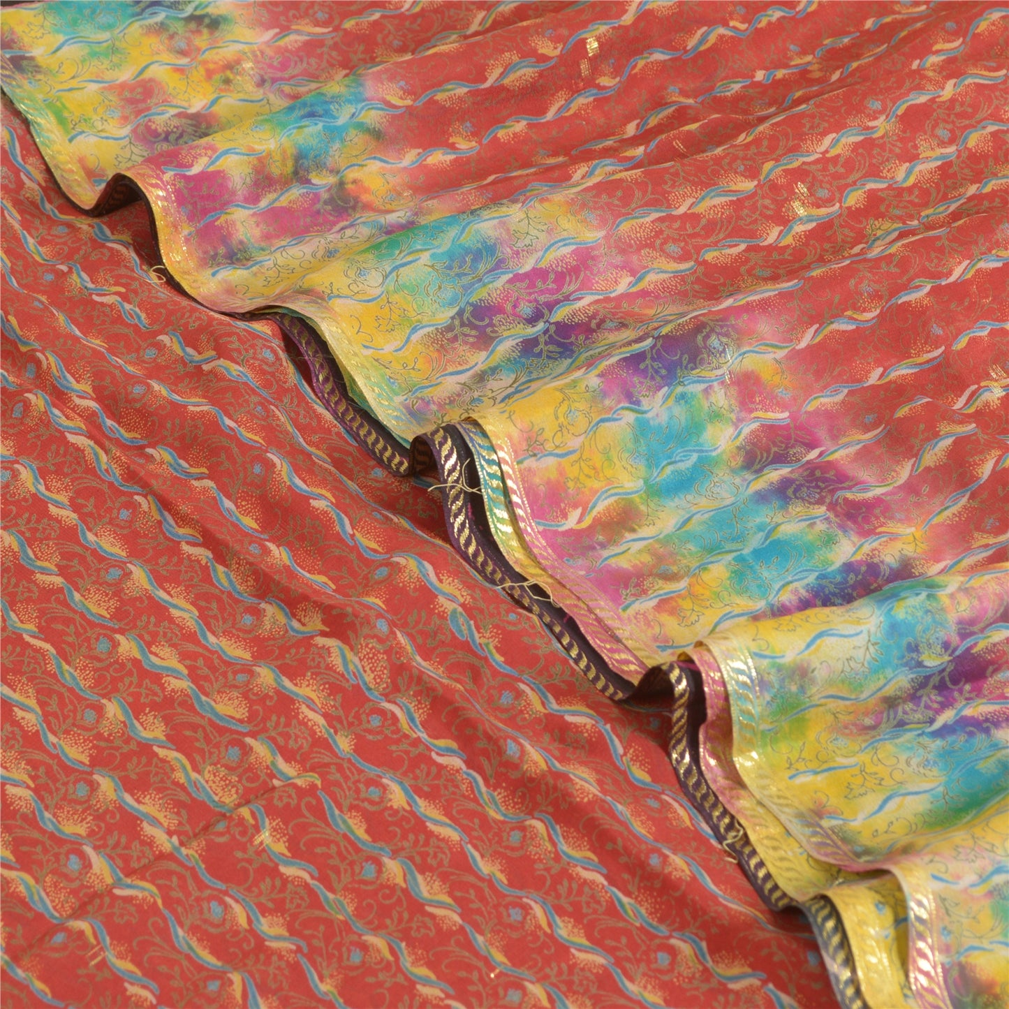 Sanskriti Vintage Sarees Red 100% Pure Silk Printed Woven Sari 5yd Craft Sustainable Fabric