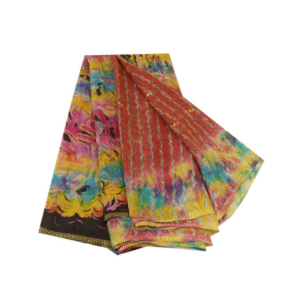 Sanskriti Vintage Sarees Red 100% Pure Silk Printed Woven Sari 5yd Craft Sustainable Fabric