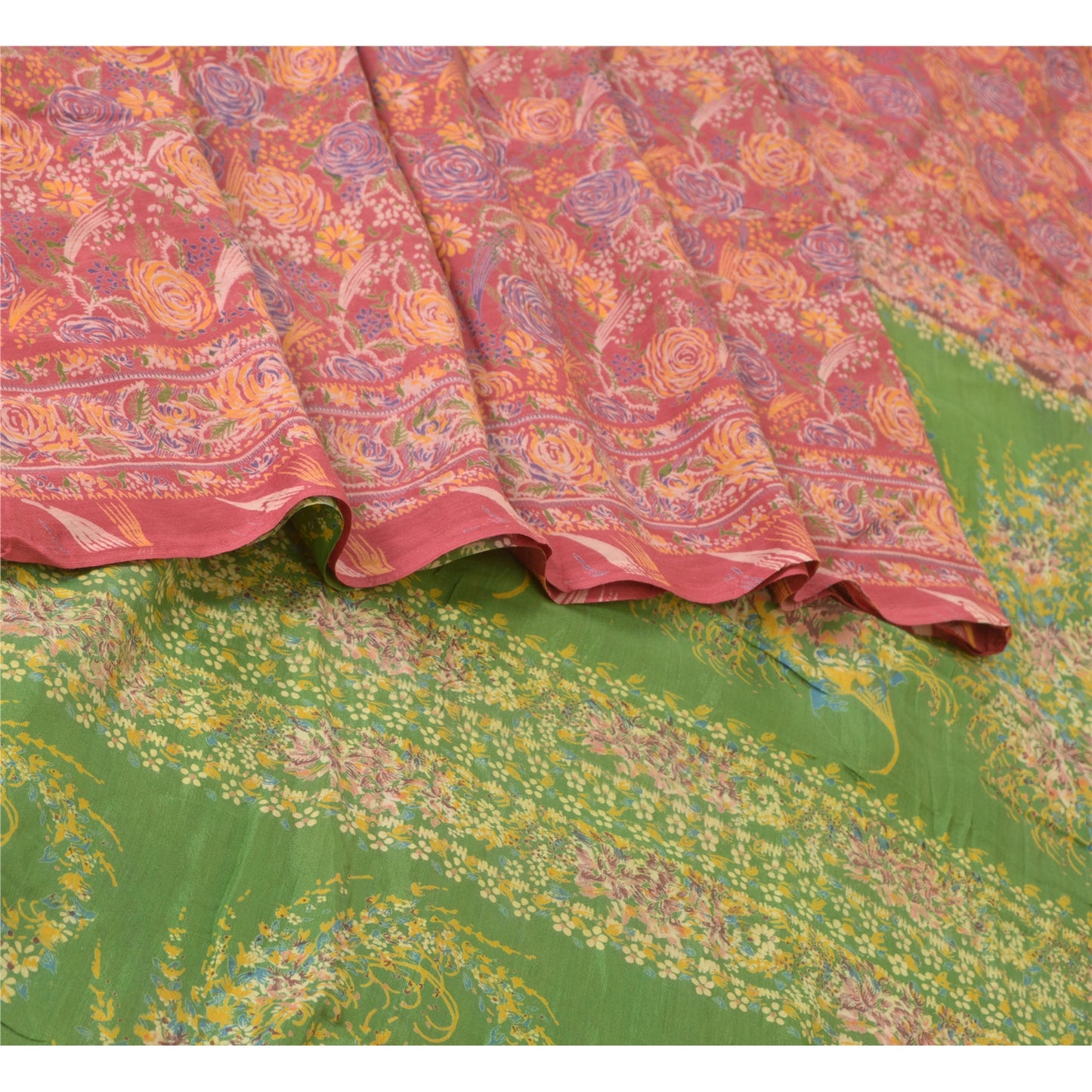 Sanskriti Vintage Sarees Red/Green 100% Pure Silk Printed Sari 5yd Craft Sustainable Fabric