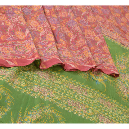 Sanskriti Vintage Sarees Red/Green 100% Pure Silk Printed Sari 5yd Craft Sustainable Fabric