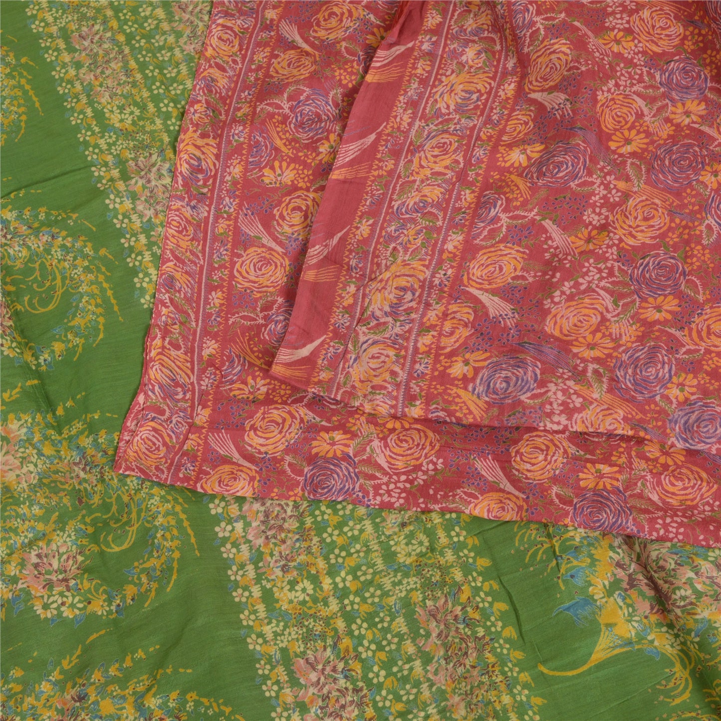 Sanskriti Vintage Sarees Red/Green 100% Pure Silk Printed Sari 5yd Craft Sustainable Fabric