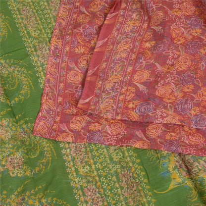 Sanskriti Vintage Sarees Red/Green 100% Pure Silk Printed Sari 5yd Craft Sustainable Fabric