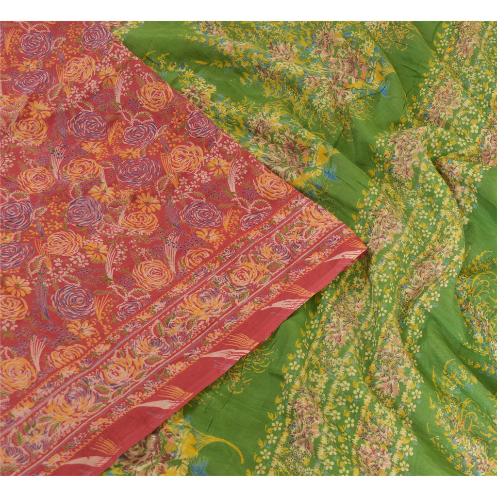 Sanskriti Vintage Sarees Red/Green 100% Pure Silk Printed Sari 5yd Craft Sustainable Fabric