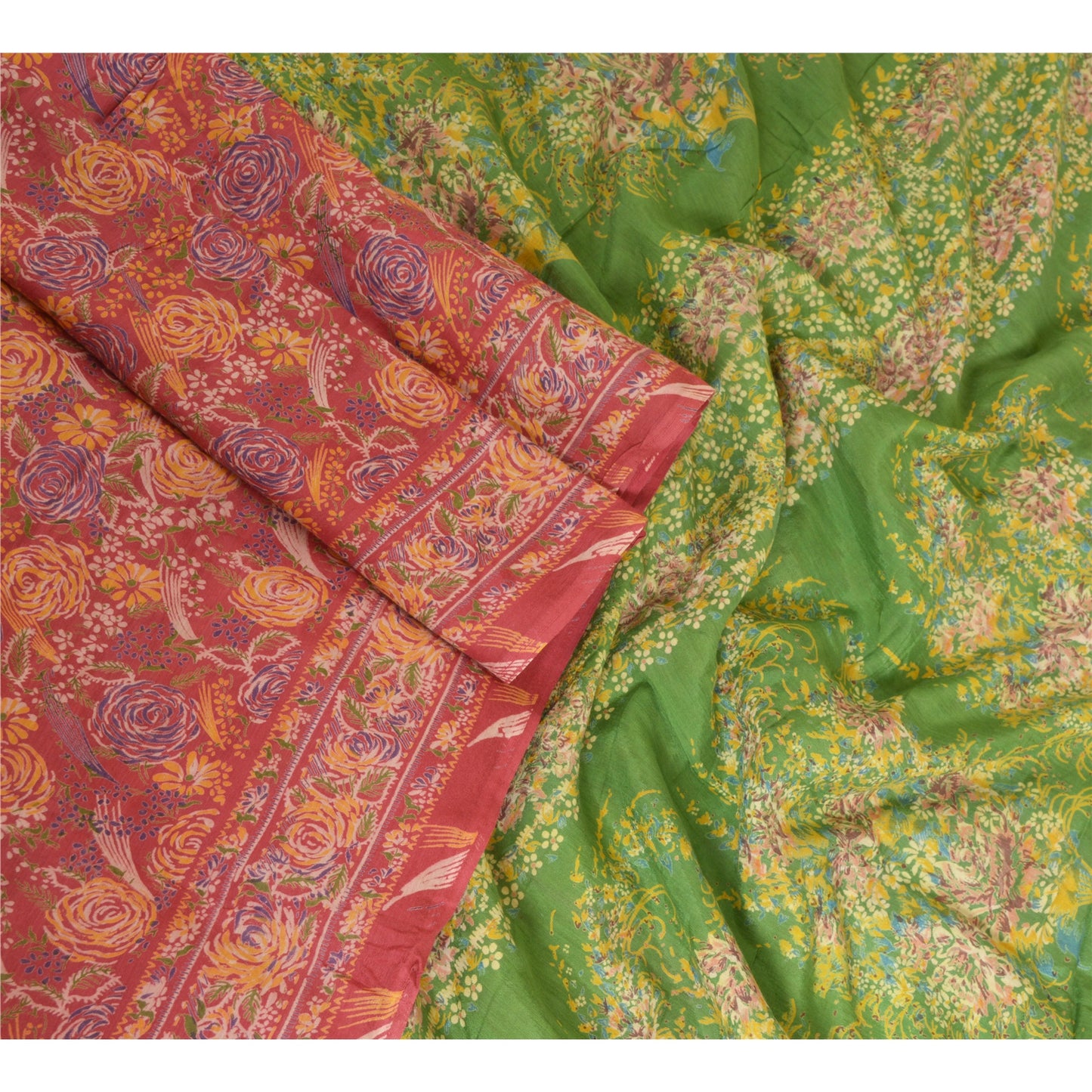 Sanskriti Vintage Sarees Red/Green 100% Pure Silk Printed Sari 5yd Craft Sustainable Fabric