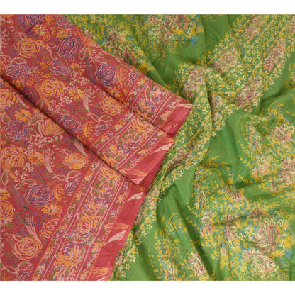 Sanskriti Vintage Sarees Red/Green 100% Pure Silk Printed Sari 5yd Craft Sustainable Fabric