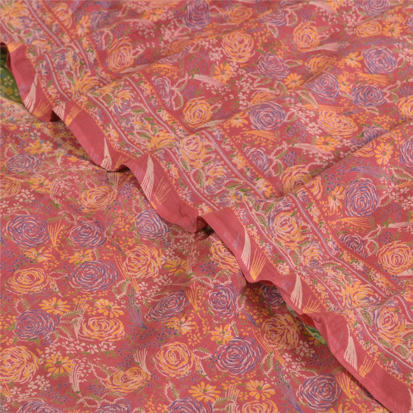 Sanskriti Vintage Sarees Red/Green 100% Pure Silk Printed Sari 5yd Craft Sustainable Fabric