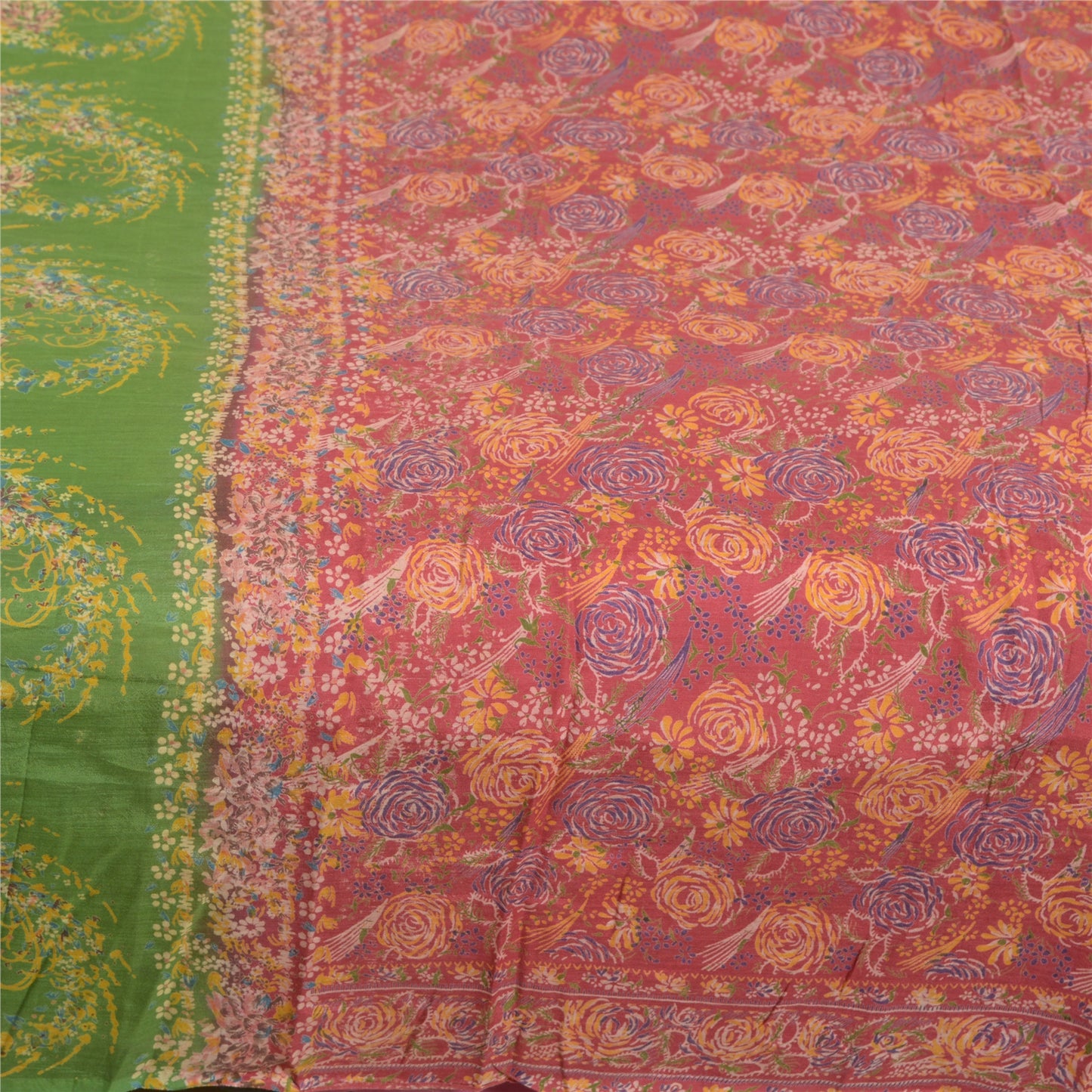 Sanskriti Vintage Sarees Red/Green 100% Pure Silk Printed Sari 5yd Craft Sustainable Fabric