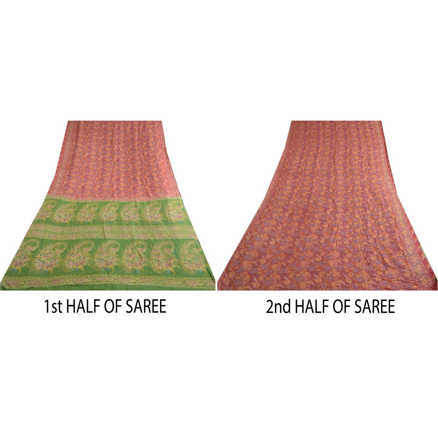 Sanskriti Vintage Sarees Red/Green 100% Pure Silk Printed Sari 5yd Craft Sustainable Fabric