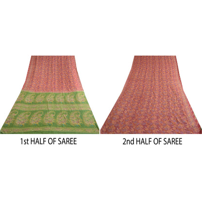 Sanskriti Vintage Sarees Red/Green 100% Pure Silk Printed Sari 5yd Craft Sustainable Fabric